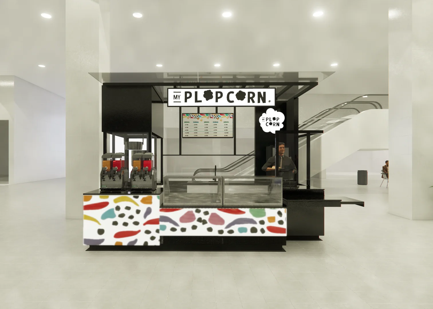 Plop Corn — render del frente con expendedores y vitrina