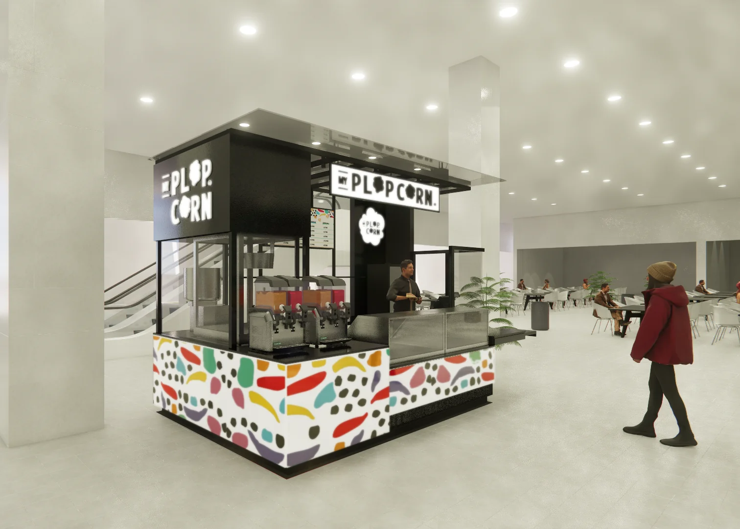 Plop Corn — render del mesón con vitrina y máquinas de bebidas