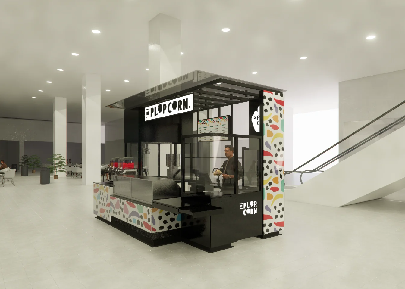 Plop Corn — render del módulo en la circulación del mall