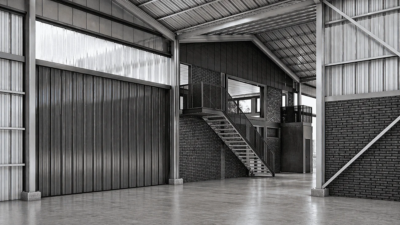Remaval — interior del galpón: oficinas en altillo